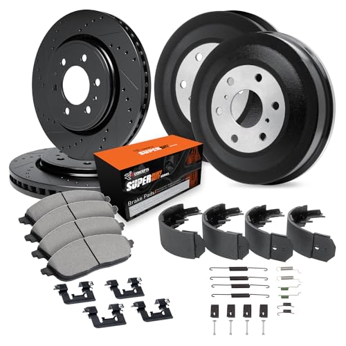Image of R1 Concepts Front and Rear Brake Kit Fits 2005-2015 Toyota Tacoma 4WD 6 Lug Wheels RWD; 2016-2023 Toyota Tacoma| Super Duty Pads, Drilled Slotted Rotors| Hardware, Drum, Shoes, Adjuster