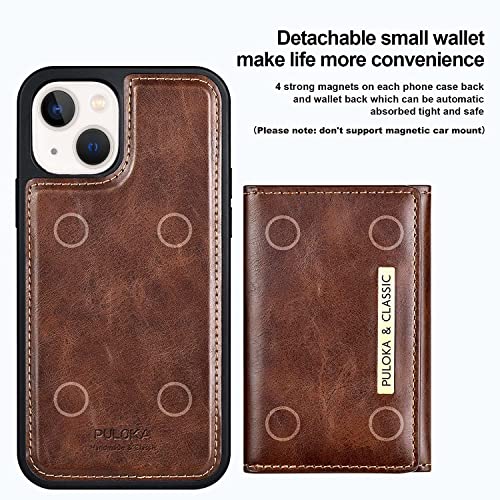 Image of PULOKA Wallet Back Case - Compatible with iPhone 13 - Vegan Leather Phone Cover - Detachable Card Holder Case with Kickstand - Shockproof, Anti Scratch & Raised Edges for Protection - Brown