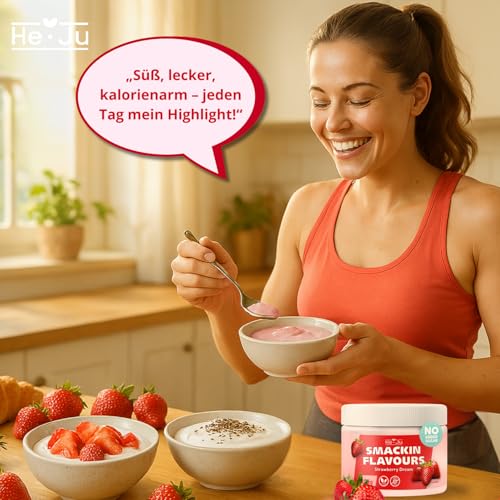 He-Ju Flavour Pulver Erdbeere 250g vegan, Geschmackspulver fast ohne Kalorien zum Süßen mit Erdbeer Geschmack
