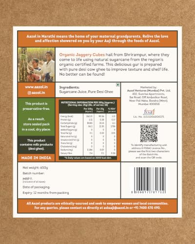 Image of Aazol Organic Jaggery Cubes: Pure Shrirampuri Gur - 1.95kg (650g - Pack of 3) | Natural & Organic | Made with Pure Desi Cow Ghee | Best Texture | Long Shelf Life
