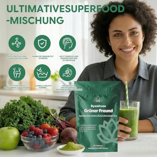 Grüne Entgiftungspulver 200g Superfood Pulver,Greens Pflanzenpulver mit Matcha, Gerstengras, Spirulina & Heidelbeeren,Reich an Ballaststoffen & Mikronährstoffen,Vegan – Täglicher Energie Helfer