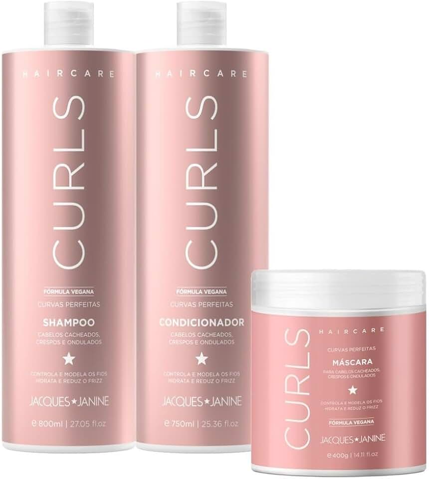 Jacques Janine Kit Curls Shampoo 800ml, Condicionador 750ml e Máscara de Tratamento 400g para Cachos Crespos e Ondulados, Cabelos Tratados Quimicamente, Líquido, 2 Unidades