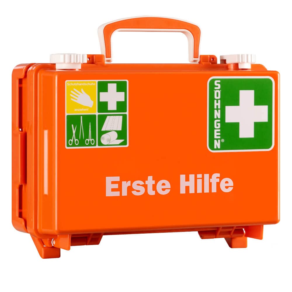 SÖHNGEN BIGPACK 4 x Erste-Hilfe-Koffer QUICK + Wandhalterung, orange, DIN 13157 aus Kunststoff, Art.-Nr. 301125 | Verbandskasten | Notfallkoffer | Erste Hilfe Kasten