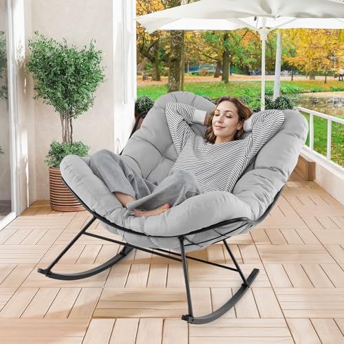 GIANTEX Chaise a Bascule Surdimensionnée, Fauteuil a Bascule en Forme d'Oeuf avec Coussin Epais, Rocking Chair, Charge 205 kg, Cadre en Métal, pour Salon,...