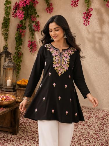 Image of QAZMI Women's Bahar Kashmiri Zari Resham Work Viscose Rayon Full Sleeves A-Line Short Kurti