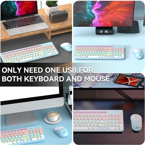 Image of FD Wireless Keyboards and Mouse Combo - 2.4GHz USB Cordless, Cute Wireless Keyboard Round Keys, Quiet and Slim Set for Laptop, Computer, TV and Mac - Blue Pale Green Colorful