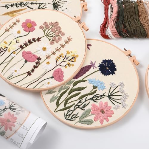 Image of 4 Sets Embroidery Kit for Beginners with Instructions Adults-Cross Stitch Kits for Beginner, Including Printed Embroidery Cloth with flower Patterns, Plastic Embroidery Rings, Colored Threads, Needles