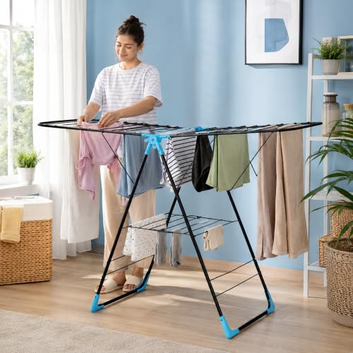 Image of FLIPZON AeroDry Pro Foldable Clothes Drying Stand | Heavy Duty Laundry Drying Rack with Expandable Wings | Rust Resistant | Space Saving Indoor & Outdoor | Black & Blue