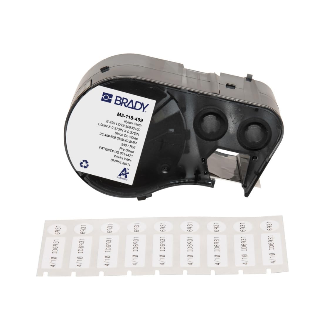 Brady Authentic (M5-118-499) Aggressive Adhesive Multi-Purpose Nylon Label 0.375 x 1 x 0.375 Dia Black on White, 240 Labels. for use with The BMP51 and M511 Label Printers