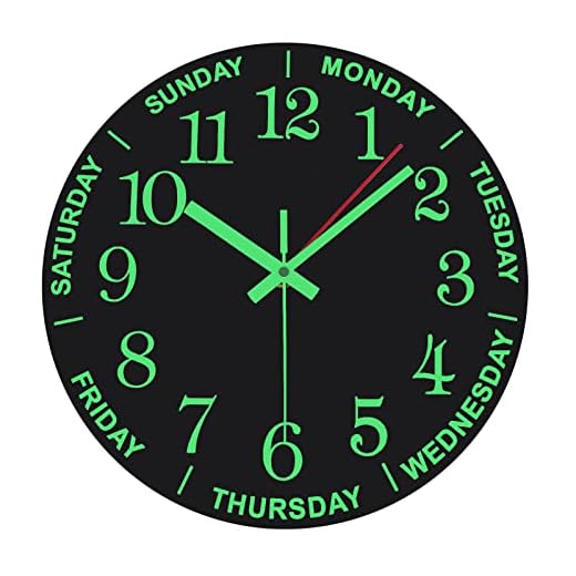 WOOPHEN 12 Inch Luminous Wall Clock Wooden Silent Non-Ticking Battery Powered Wall Clocks with Day Week for Living Room,Bedroom,Kitchen, Office and School (Black)