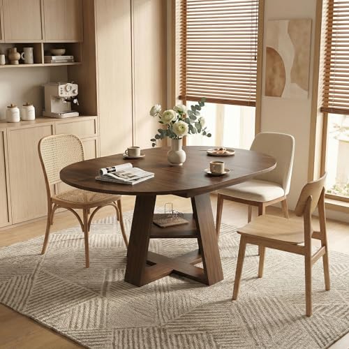 Image of 59 inch Extendable Round Dining Table for 4-8, Folding 59 inch to 43.3 inch Modern Kitchen Oval Dining Table with Removable Leaves Storage Shelf for Kitchen Living Room Walnut