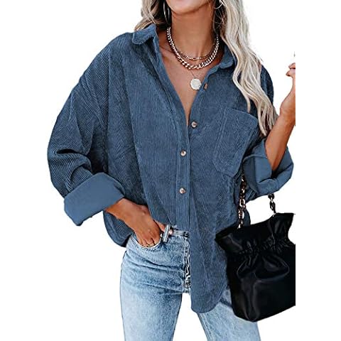 Aleumdr Womens Blue Long Sleeve Corduroy Coat for Spring Ladies Oversized Button Down Shirts Blouse Tops UK Size 12 14 Cover