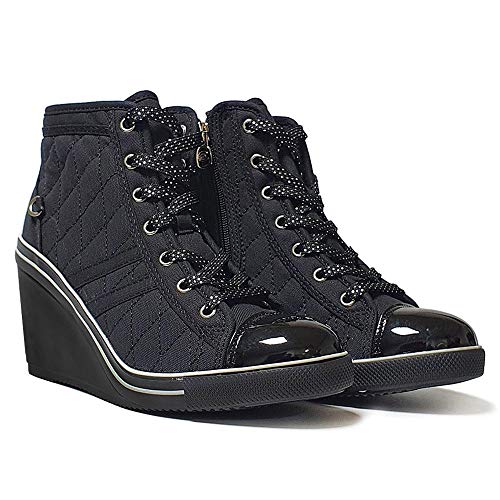epdavin Women's Casual Canvas High Top High Heel Wedges Quilted Lace Up Sneakers4