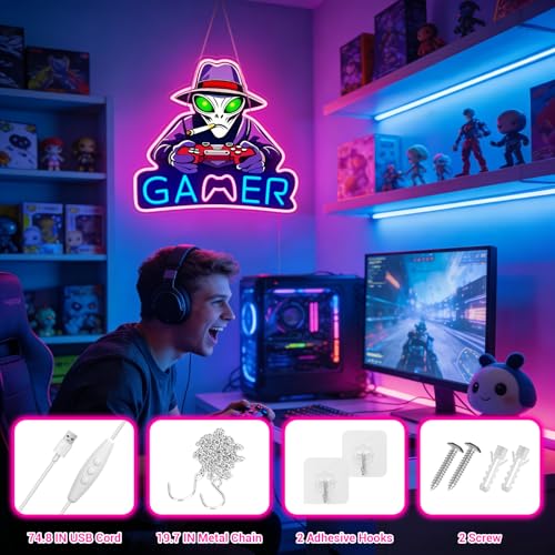 Image of Gamer Neon Sign, Gaming LED Neon Signs with UV Printed Alien for Gamer Room Decor, LED Lights for Boys Bedroom, Gaming Wall decor, Gamer Gifts for Teen Boys, Men (Alien Game)
