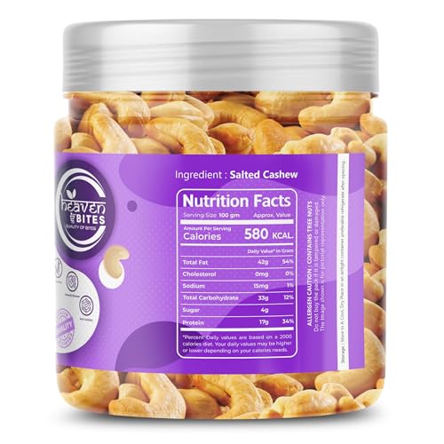 Image of Heaven Bites Premium Roasted and Salted Cashews 400GM | |AAA+ SIZE (W240 ) Whole Kaju Dry Fruits Rich in Protein Fibre | Healthy Snacks | 100% Natural Cashew Nuts | Festive Snacking | Magnesium and Phosphorus | Crunchy & Delicious