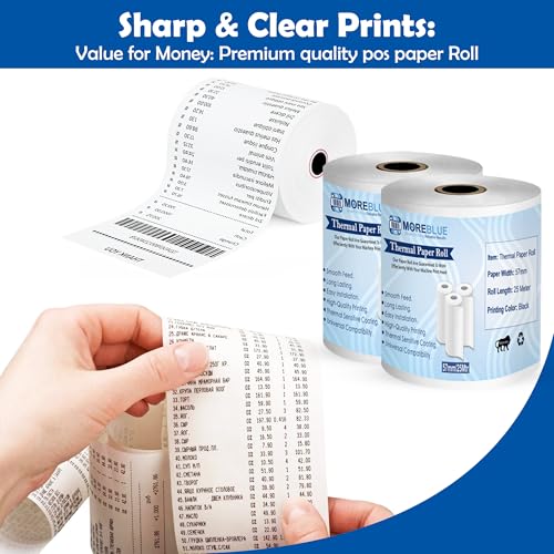 Image of MOREBLUE Pack of 20 57mm x 25m Direct Thermal Receipt Paper Rolls, Premium Ink-Free POS Billing Rolls for Credit Machines, Food Billing, ATM & Petrol Pump Receipts