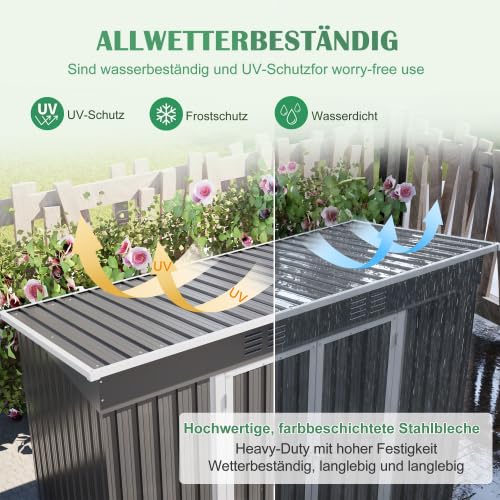 Metall Geräteschuppen 242x126x182 cm – Wetterfester Gartenschrank mit Abschließbare Tür, Schrägdach & Belüftung – Fundamentrahmen für Garten, Terrasse, Fahrrad & Mülltonnenbox (Grau)