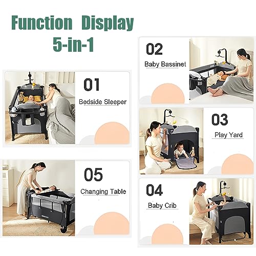 Image of MMBABY 5-in-1 Pack and Play Portable Crib for Baby,Multifunction Bedside Crib from Newborn to Toddlers,U-Shaped Diaper Changer,Playard,Safety Strap,Carry Bag (Black)