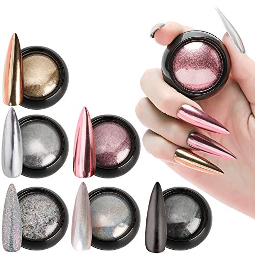 Chrome Nail Powder 6 Colored Acrylic Mirror Nail Powder Mirror and Bubble Effect Pure Metallic Powder Manicure Pigments for Nail Art