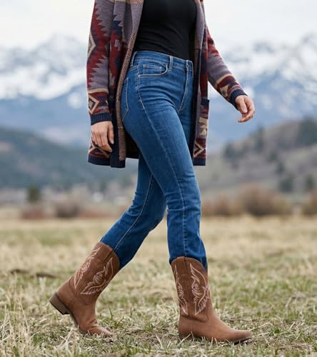 Image of IUV Cowboy Boots For Women Square Toe Western Boots Mid Calf Cowgirl Boot Pull On Embroidered Brown Boot