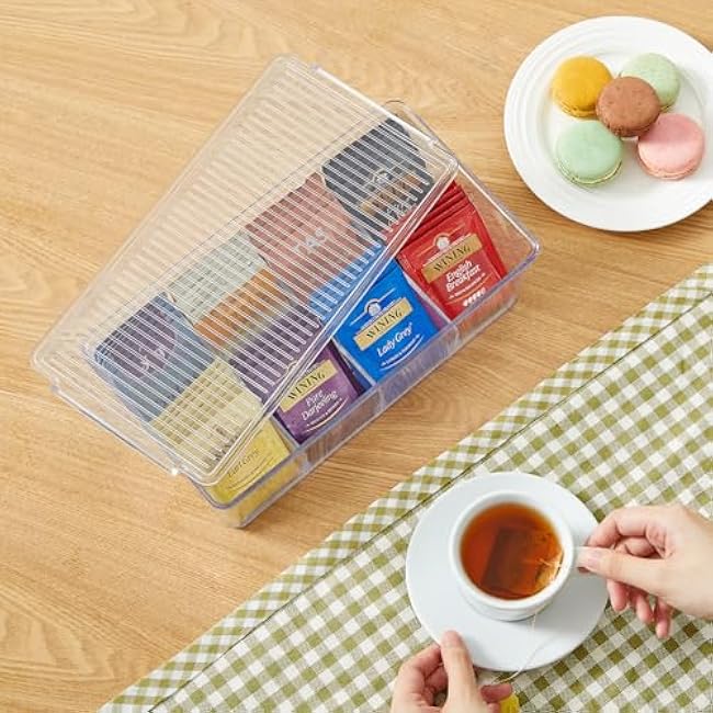 Lifewit 2 Pack Plastic Stackable Tea Bag Organizer, Divided Storage Bin Box for Kitchen Cabinets, Countertops, Pantry, Hold Coffee Pods, Sugar Packets, Condiments, 8 Sections