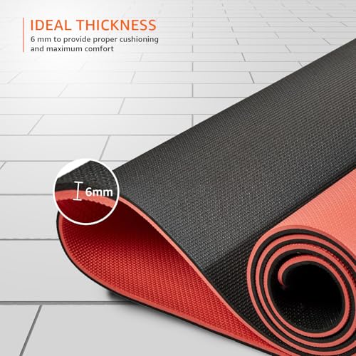 Image of AmazonBasics Dual Colour Yoga Mat | 6 MM Thick Mat | Carry Strap | Grippy Surface | Anti Slip Exercise Mat | EVA & LDPE Material | Yoga Mat for Men & Women | Exercise Mat for Gym or Home (Black & Red)