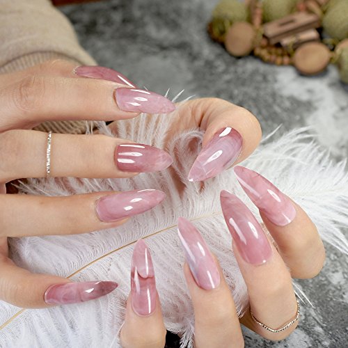 Extra Long STILETTO False Nails Pre-designed Curved Pink Marble Press On Nails Manicure Tips