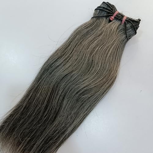 Grey Human Hair Straight Weave Bundles, 100 Grams, Pack of 1, Natural Grey Silver and Black Salt and Pepper Extensions, Indian Human Hair (Dark Grey 70% Black 30% Grey, 12 Inches)