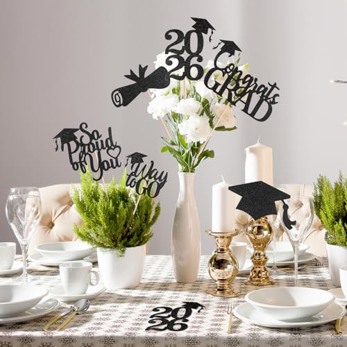 Image of Graduation Decorations 2026, 24 PCS Class of 2026 Double-Sided Centerpieces with Sticks, Black Glitter Grad Table Toppers and Party Supplies for Cake or Photo Booth