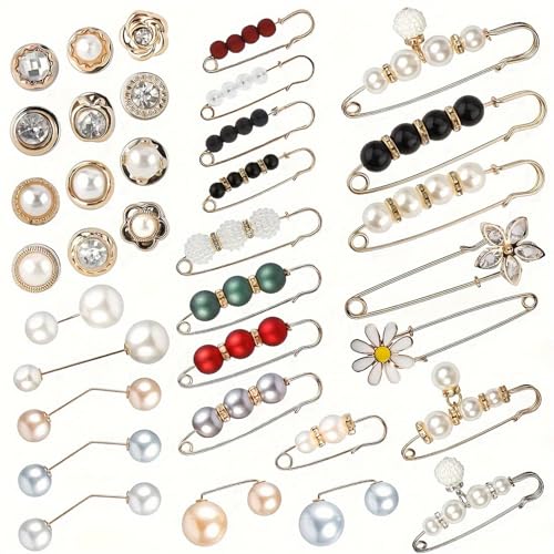 FAINCA 35 Piezas Imperdibles Broches Novia con Perlas de Imitación Broche de Perla para Mujer Imperdibles Grandes Disponible en Estilos Alfiler Plano Botón para Sujetar Cinturones Bufandas Chales