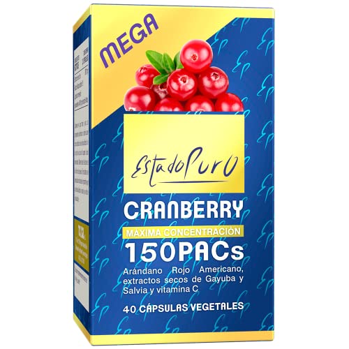 Cranberry Mega 150 PACs Estado Puro - Extracto Patentado de Arándano Rojo Americano x50 Veces Concentrado con Gayuba, Salvia y Vitamina C - 40 Cápsulas Veganas de Tongil
