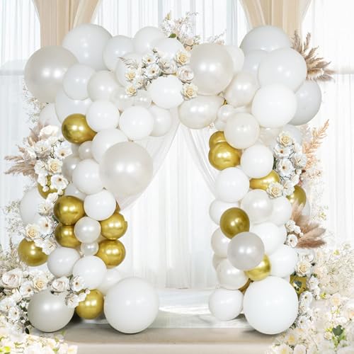 Image of Pearl White Double Stuffed Balloon Arch Kit - Ivory, Cream & Champagne Gold Latex Balloons for Wedding, Bridal Shower, Birthday, Gender Reveal, Boho Party Garland Decor (98 Pcs)