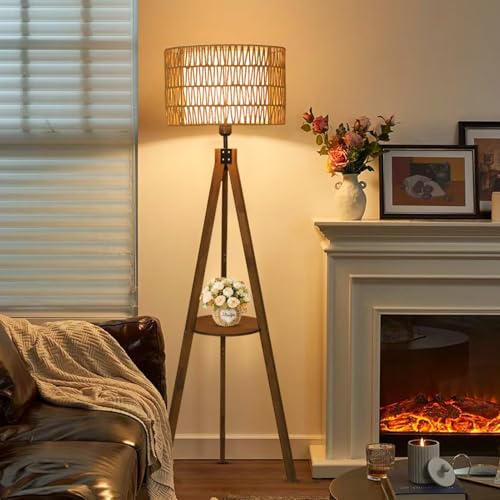 Image of LAMSU Boho Tripod Floor Lamps for Living Room, Rattan Wood Floor Lamp with Fabric Shades, Mid Century Standing Lamp with Shelf, Foot Switch, Modern Farmhouse Tall Lamps for Bedroom Office Brown