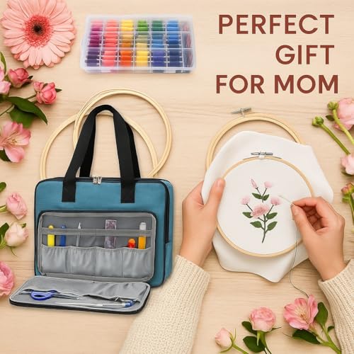 Image of ATTERET Full Range Embroidery and Cross Stitch Starter Kit with Premium Storage Organizer Bag, Includes 99 DMC Coded Cotton Threads, 9 Metallic Floss, 3 Hoops, Needles, Scissors + More (Turquoise)