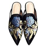 Fericzot Women's Velvet Backless Pointed Toe Slip On Loafers Flats Embroidery Mule Slippers Shoes Black Flowers 9