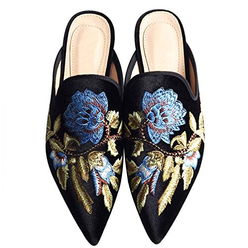 Image of Fericzot Women's Velvet Backless Pointed Toe Slip On Loafers Flats Embroidery Mule Slippers Shoes