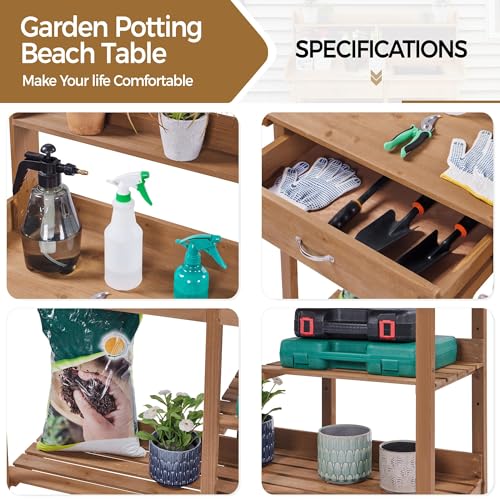 Yaheetech YT-00072 Potting Bench Outdoor Garden Work Bench Station Planting Solid Wood Construction For Horticulture W/Sink Drawer Rack Shelves Brown thumb #6