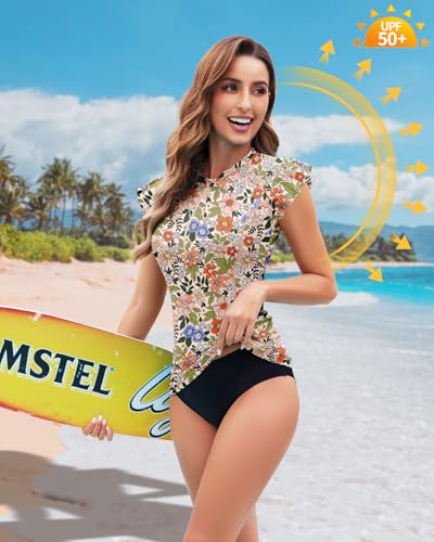 WOWENY Surf UV Shirt - Rashguard Bañadores Mujer Camiseta de baño con Mangas con Volantes y Cremallera de 1/4 Tankini Top Flores Coloridas M