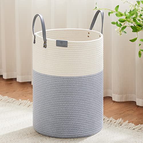 Image of VIPOSCO 72L Tall Woven Rope Laundry Hamper, Leather Handles, Grey & White | Large Wicker Laundry Basket for Dirty Clothes, Blanket, Toy, Towel, Yoga Mat, Storage Bin in Bedroom, Bathroom, Living Room
