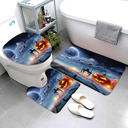 Zifarm Badematte rutschfeste 50x80 cm Halloween Badvorleger-Set 3D Drucken Kürbis Laterne Horror Mikrofaser Flanell… – Bild 5