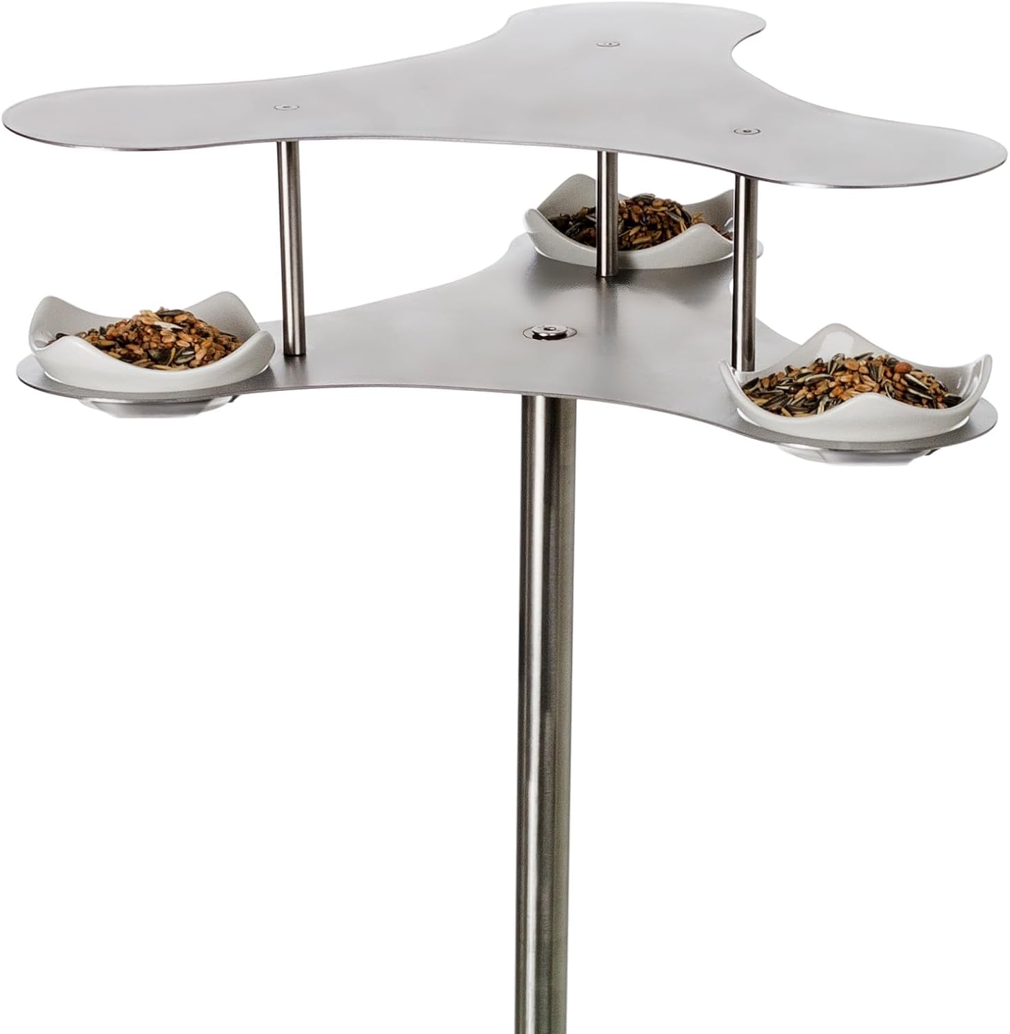 matrasa Design Vogel Futterstation Penthouse - Vogeltränke aus gebürstetem Edelstahl mit Keramikschalen - Vogelfutterstation Vogel Futterstelle 42x33x145 cm