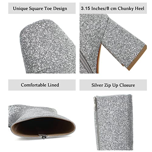 KISSASA Silver Glitter Sparkly Knee High Gogo Boots Sequin Chunky Heeled Boots with Zip Up3