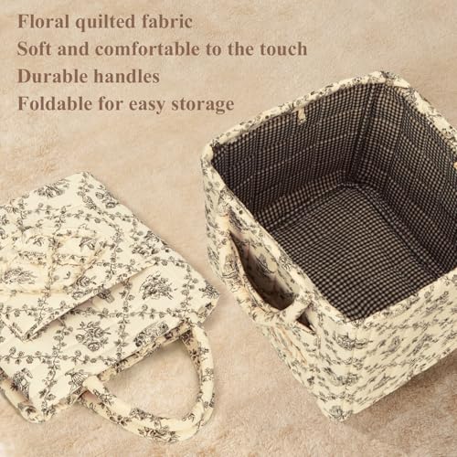 Image of Quilted Fabric Basket Foldable Car Storage Boho Floral Laundry Basket Hamper for Nursery Bedroom & Living Room | Organize Clothes Toys