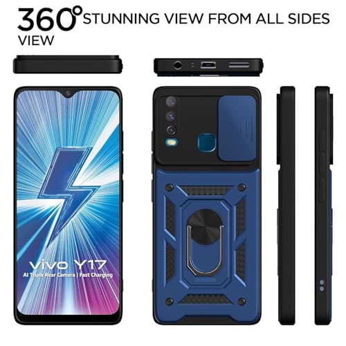 Image of Pikkme Back Cover for Vivo Y12 / Y15 / Y17 / U10 | Sliding Camera Shield with Ring Stand | D10 Full Camera Protection Bumper Case (Blue)