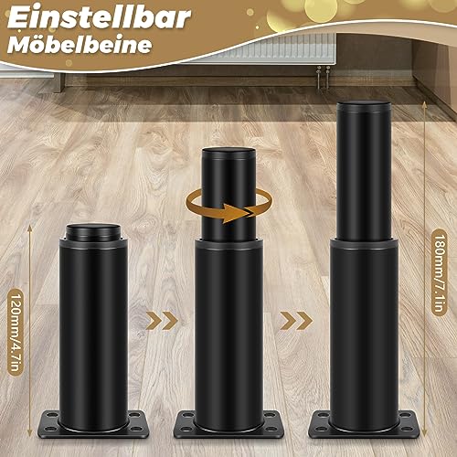 Ksrnsne Set of 4 Furniture Feet, Height Adjustable, 12 cm, 18 cm, Metal Black Furniture Legs - Image 2