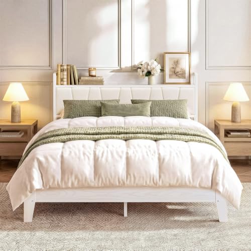 Image of LIKIMIO Queen Bed Frames, PU Leather Storage Headboard with Charging Station, Solid and Stable, Noise Free, No Box Spring Needed, Easy Assembly, White