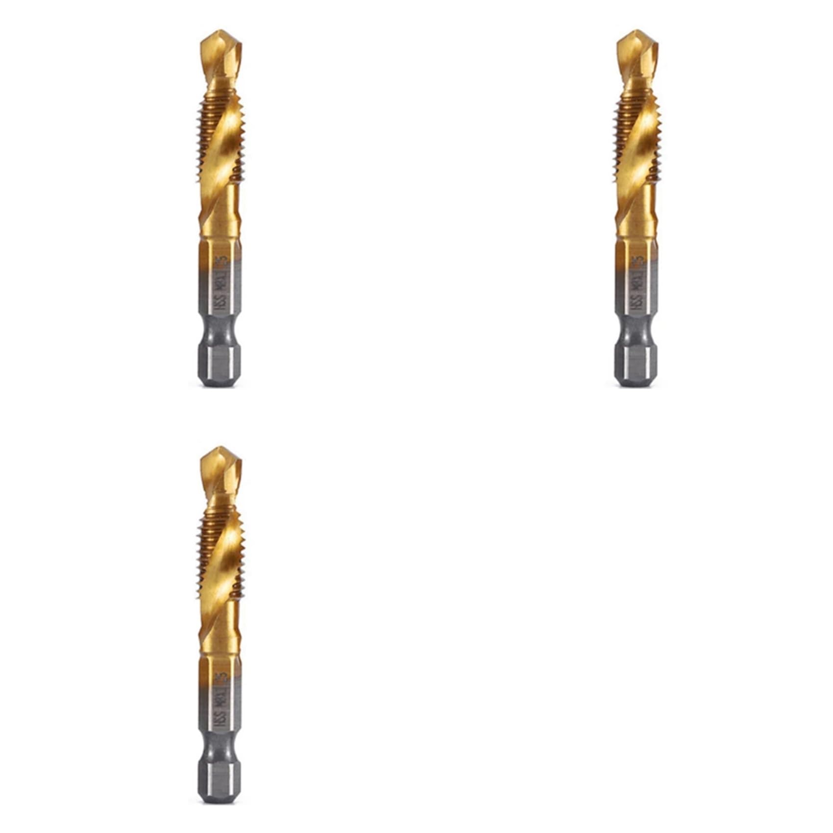 Aundhegrtt 3pcs M8x1.25 Hex Shank Titanium Plated HSS Thread Metric Tap Drill Bits Compound Tap Open Chamfer Tool