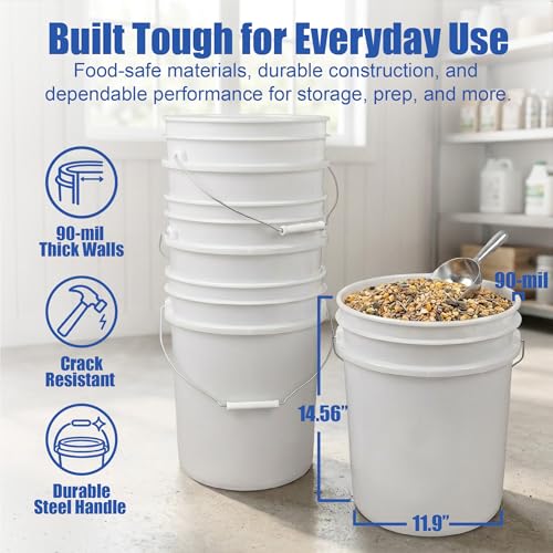 Image of ePackageSupply 5 Gallon Bucket - Food Grade w /Lid BPA-Free, White /Green, 3 | Airtight Gamma Seal Screw-On Lid, Heavy-Duty 90 Mil HDPE Plastic, Food Safe and Durable Container, Bulk Storage, Made in USA