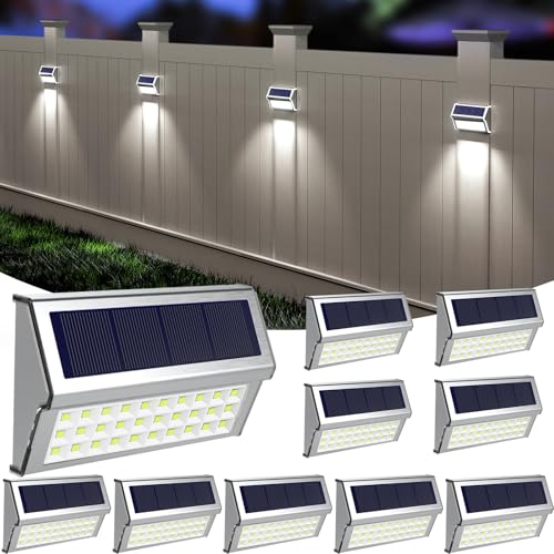 ROSHWEY Solar Lights Outdoor, 10 Pack 30 LED Fence Lights Waterproof Solar Powered Deck Post Lamps Stainless Steel Outside Step Lighting for Backyard Yard Walkway Stairs, Cool White Light