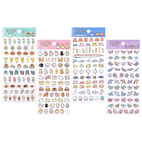 SHANGRLA Japanese Kawaii Retro Pixel Style Stickers for Scrapbooking – Cute Animal, Food, Dinosaur, and Ocean Themes – Journaling Sticker Pack for Stationery and Crafting – 4 Sheets
